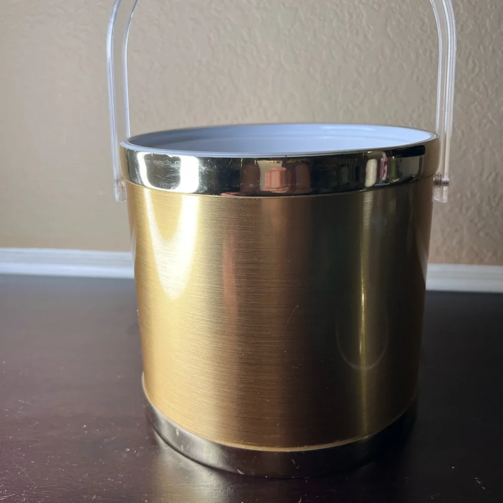 Vintage 1970's Brushed Gold Ice Bucket, Collectible Barware, Midcentury Mod Deco